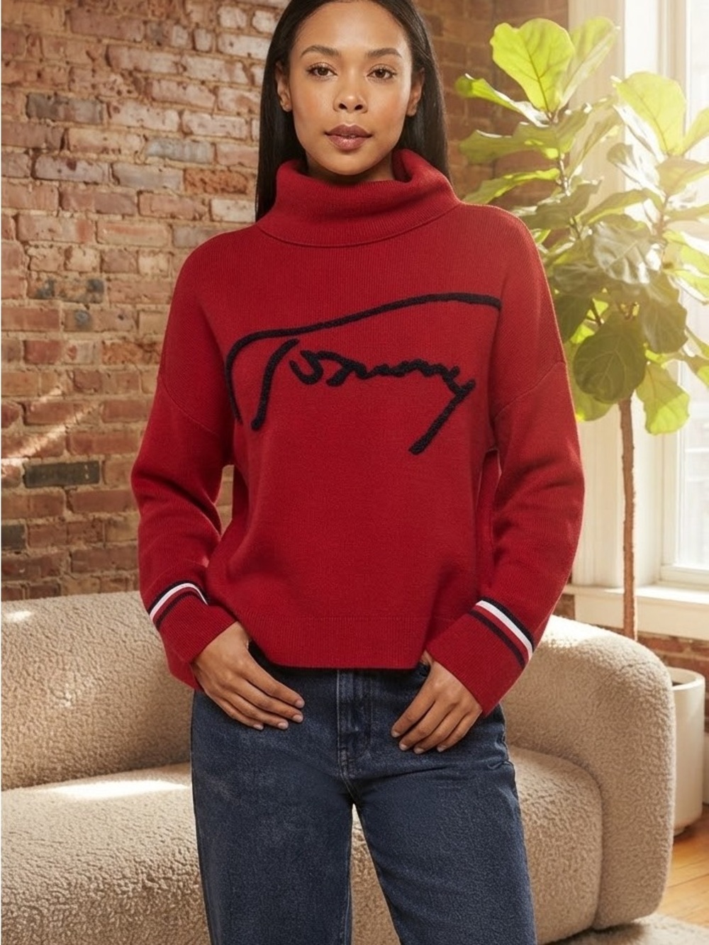 Tommy Hilfiger Red Turtleneck Sweater Embroidered Logo Relaxed Fit Oversized XL